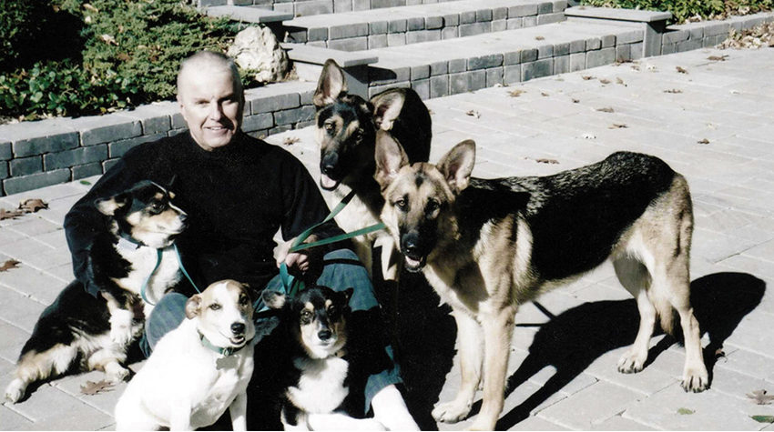 Brooks McCormick Jr., a lifelong animal lover, philanthropist, and founding benefactor of the Brooks Institute for Animal Rights Law and Policy, who passed away in 2015. Pictured with five of his companion animals.