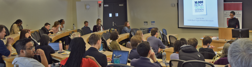 Tracye McQuirter gives a lecture during Animal Law Week 2020 to a full room of students and members of the public